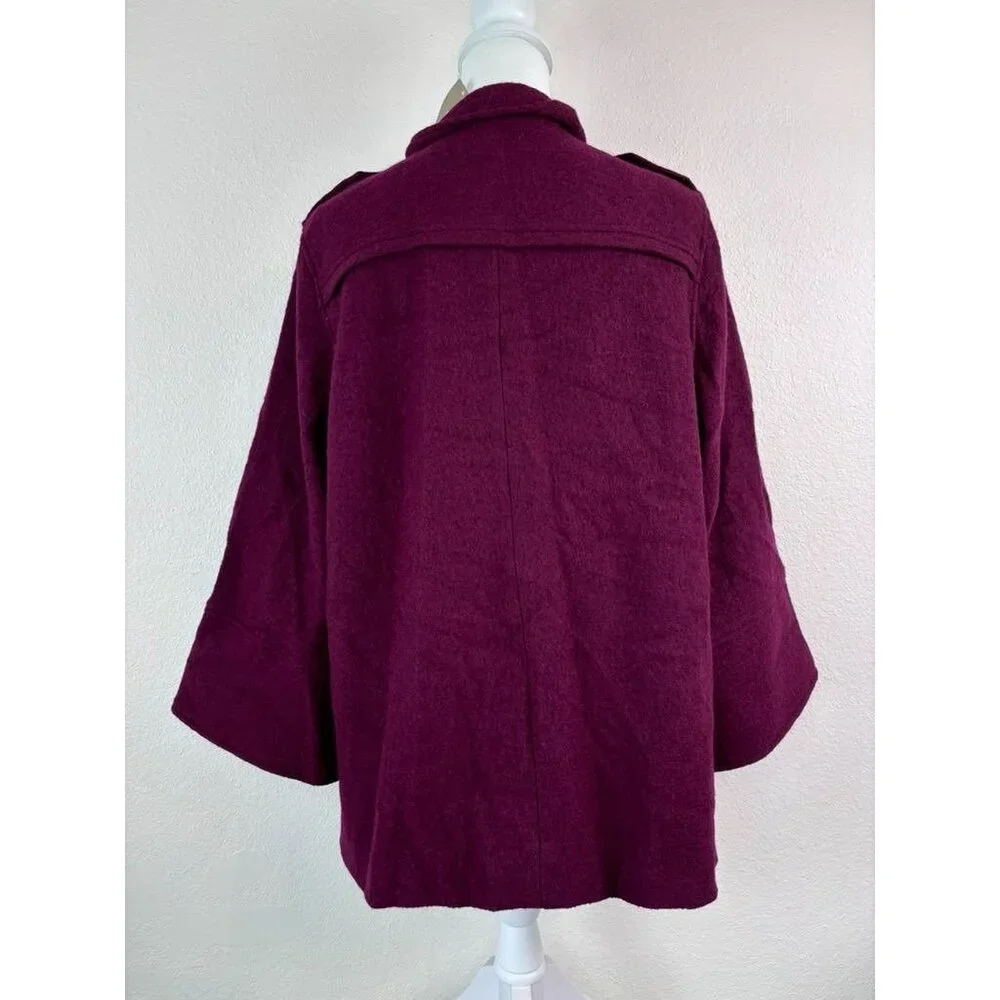 Chico's women's 2 large maroon boiled‎ wool full zip lined wide sleeve jacket